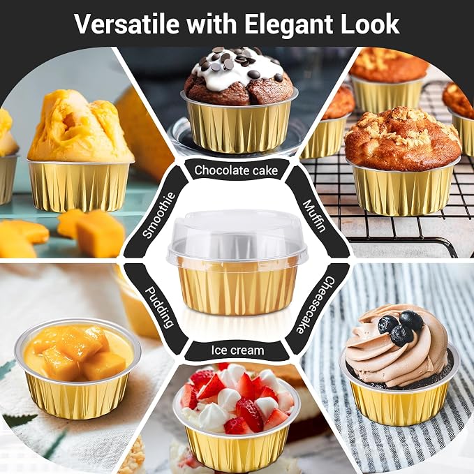 EUSOAR Disposable Ramekins Aluminum Foil, Gold 25Packs 5oz Baking Cups with Lids Mini Muffin Liners, Dessert Cheesecake Pan Oven Safe Creme Brulee Cupcake Containers for Catering Club Wedding Party