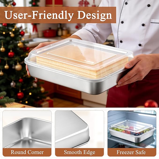 LIANYU Stainless Steel Rectangular Baking Pan, 12⅓ x 9¾ x 2 Inch Commercial Cake Pan with Lid Set of 4, Metal Lasagna Brownie Bakeware Set, Healthy & Dishwasher Safe (4 Pan +4 Lid)