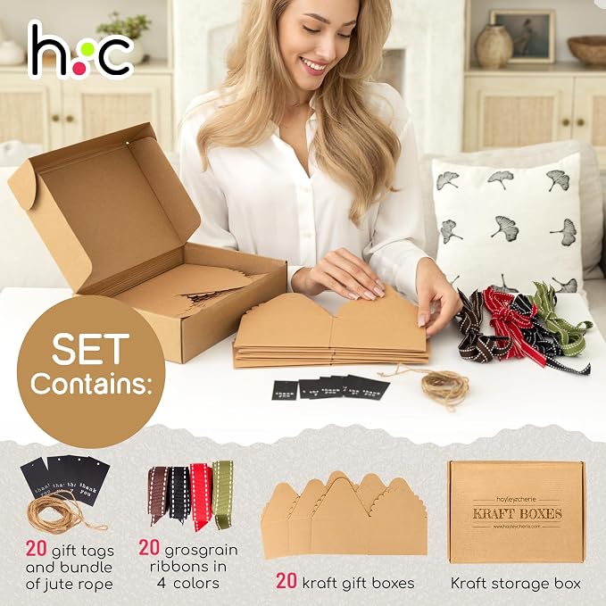Brown Kraft Cookie Boxes with Ribbons & Tags (20 Pack) 5.8” x 3.7” Small Craft Gift Boxes for Baked Goods, Candy, Treats, Chocolate, Fudge, Christmas, Decorative Food Packaging, Empty, Bulk, Square