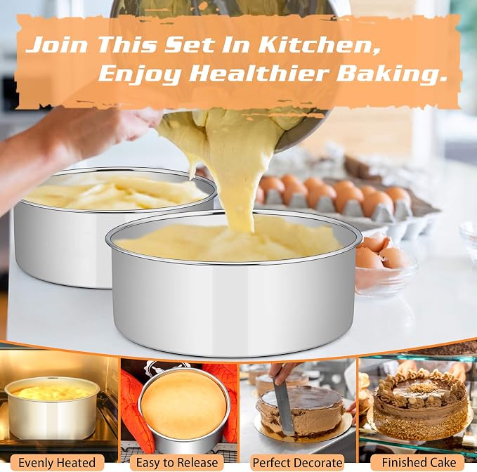 E-far 8 x 3 Inch Round Cake Pans, Stainless Steel Deep Cake Baking Pan Tin for Birthday Wedding Party Chiffon Cheesecake, Healthy & Non-Toxic, Straight Side & Dishwasher Safe - Set of 2