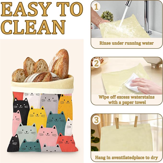2 Pack Beeswax Cute Cat Bread Bags for Sourdough Homemade Breads, Reusable Beeswax Bread Colorful Cat Storage Bag, Keep Loaves Fresh Longer, Freezer Safe & Airtight, Zero Waste 17 x 13''