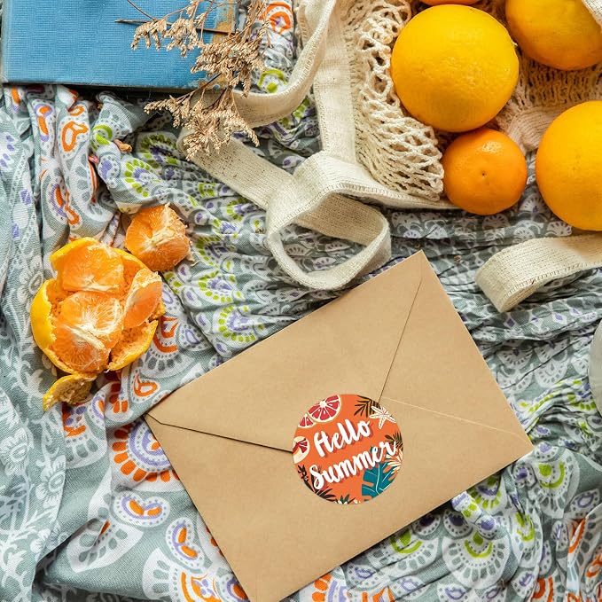 Louise Maelys 500 Pcs Tropical Plant Friut Hello Summer Stickers Roll, 1.5 Inch Happy Holiday Lable for Kids and Adult, Adhesive Decoration Round Labels for Baking Card Gift Envelope Craft Making