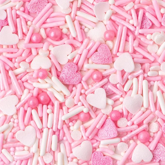 Sweets Indeed Valentines Day Heart Sprinkle Mix | Pink & White Jimmies, Sugar Pearls, Confetti Quins, Nonpareils & Heart Shapes | Baking & Decorating, 4 ounces