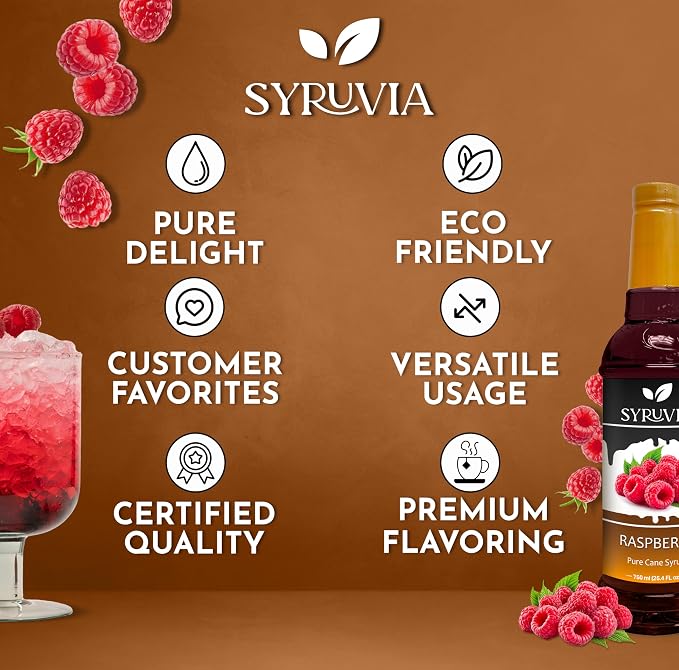 Syruvia Raspberry Syrup, Flavored Syrup for Cocktails, Fruit Drinks, Lemonades, and Desserts – 25.4 fl oz - with Pump