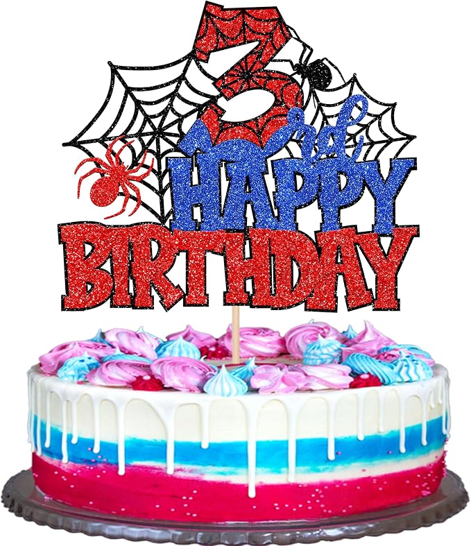 1 PCS Happy 3rd Birthday Cake Topper Glitter Spider Web Cheers to 3 Years Third Birthday Cake Pick Superhero Spider Party Decorations for Boys Girls Happy 3rd Birthday Party Cake Decorations Supplies