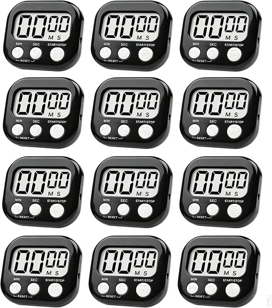 12 Pack Digital Kitchen Timer Large LCD Display Loud Alarm Strong Magnetic Stand, Minute Seconds Count Up Countdown and Simple Operation Timers for Cooking, Bathroom, Kids, Teacher, Classroom - Black