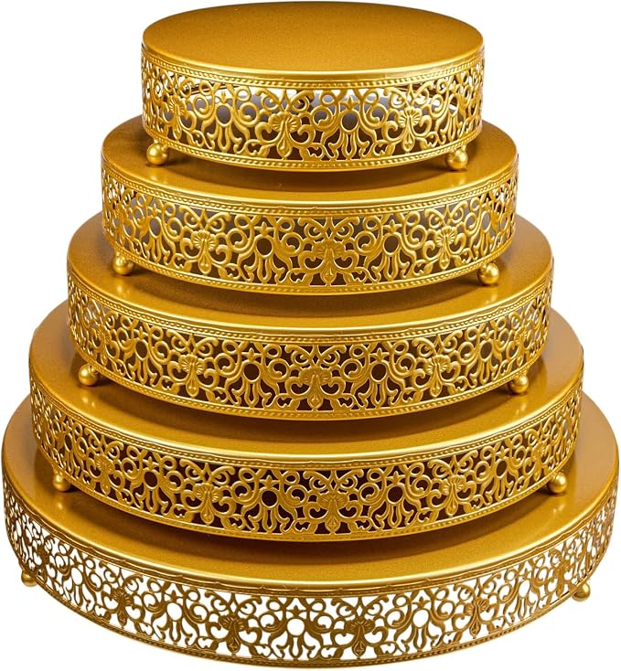 Wenqik 5 Pcs Metal Gold Cake Stand 16/14/12/10/8 Inch Round Cake Holder Display for Dessert Table Cookies Fruit Serving Tray Cupcake Pastry Riser for Wedding Birthday Party and Events