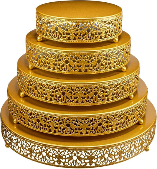 Wenqik 5 Pcs Metal Gold Cake Stand 16/14/12/10/8 Inch Round Cake Holder Display for Dessert Table Cookies Fruit Serving Tray Cupcake Pastry Riser for Wedding Birthday Party and Events