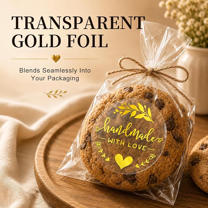 100 Handmade with Love Stickers, Clear Gold Foil Labels for Small Business Packaging, Bakery Boxes, Gift Bags, Cookies, Handmade Crafts & Customer Orders, 1.6 Inch Round