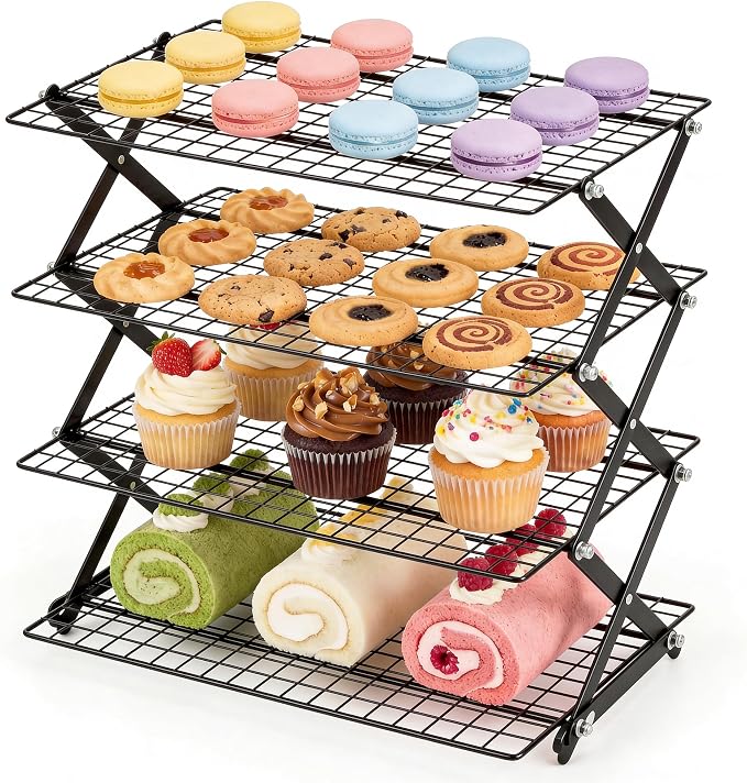 4-Tier Collapsible Stainless Steel Cooling Rack, Stackable Wire Drying Rack | Aguegro Adjustable Multi-Layer Cooling Grid for Cookies, Cakes, Roast Meat, Barbecue,Baking& Food Drying