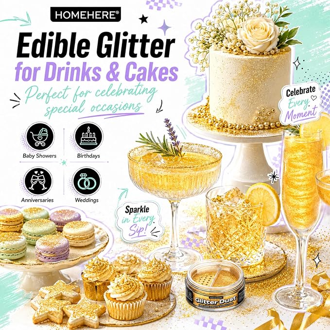 HomeHere Edible Glitter for Drinks & Cakes, 10g Food Grade Disco Diamond Glimmer Dust, Sparkle Powder for Cocktails, Chocolate, Baking Decorations, Vegan& Tasteless (Golden)