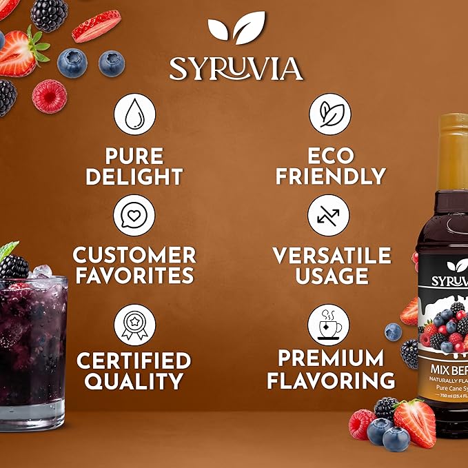 Syruvia Mix Berry Syrup, Naturally Flavored Syrup for Drinks, Lemonades, Iced Teas, and Desserts – 25.4 fl oz - with Pump
