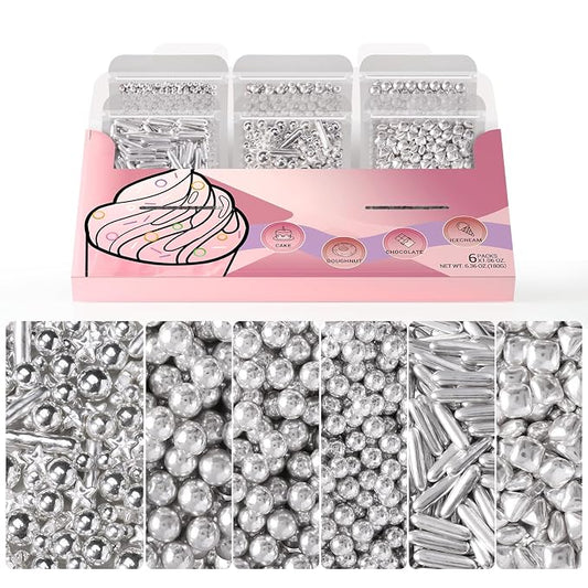 HUEBEATY 6-in-1 Metallic Silver Cake Pearls Sprinkles – Silver Galaxy Star Sprinkles for Cake Decorating, Cupcakes, Cookies & Ice Cream | 180g/6.36oz | Space, Wedding, Birthday Cake Decorations