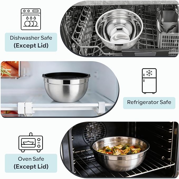 E-far Mixing Bowls With Lids Sets of 5, 10-Piece Stainless Steel Salad Metal Nesting Bowl for Baking Cooking and Prepping, Airtight Lid & Stackable Design, Size 4.6, 3, 2.1, 1.5, 0.7 QT, Black