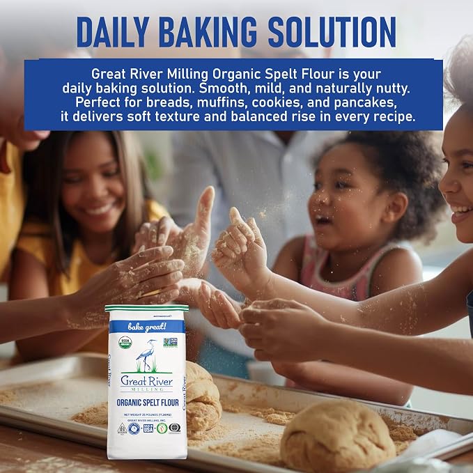 Great River Milling Organic Spelt Flour | Whole Grain Ancient Wheat Flour | USDA Organic, Non-GMO, Kosher | High Fiber, Mild Flavor | Ideal for Baking Breads, Muffins & More | 25 Lb (Pack of 1)