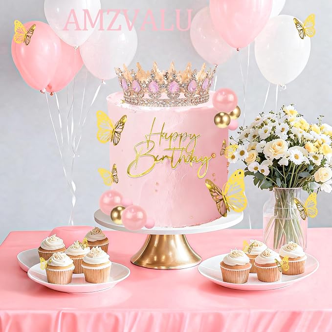 Crown Cake Topper, Pink & Rose Gold Crown Balls Happy Birthday Cake Toppers Candles Butterfly, Corona Para Pastel, Crown Cake Decorations for Women Queen Princess (Rose Gold, Jelly Pink)
