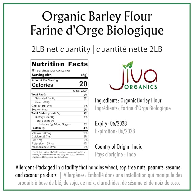 Jiva Organic Barley Flour 2 Pound - All Natural & Raw - Product of India