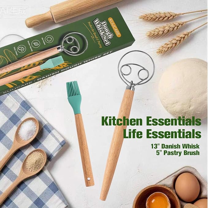 Danish Dough Whisk & Pastry Brush Set, 13-Inch Stainless Steel Sourdough Bread Tools with Long Wooden Handle, Heavy Duty Dutch Whisk for Bread, Pizza, Pastry & Sourdough Baking
