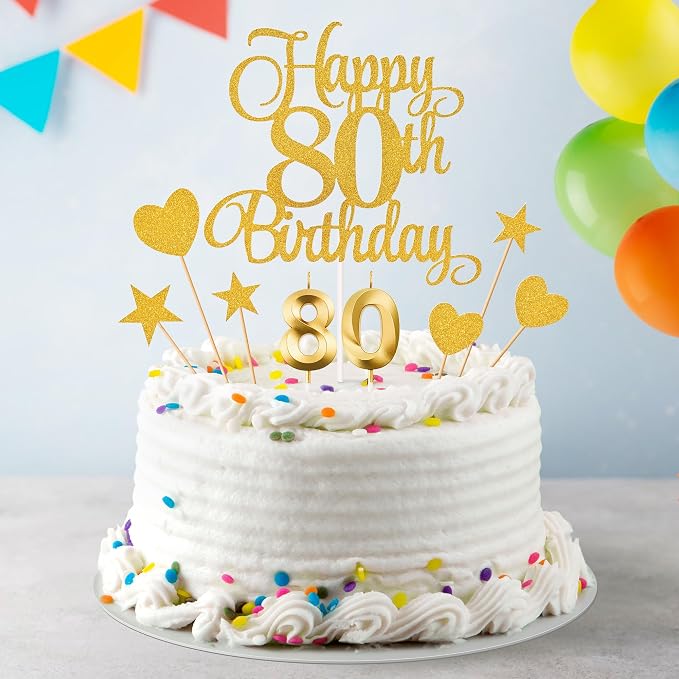 80th Birthday Cake Decorations, 80th Birthday Candles Cake Numeral Candles and Glitter Happy 80th Birthday Cake Toppers Set for Birthday Party Supplies (Gold)