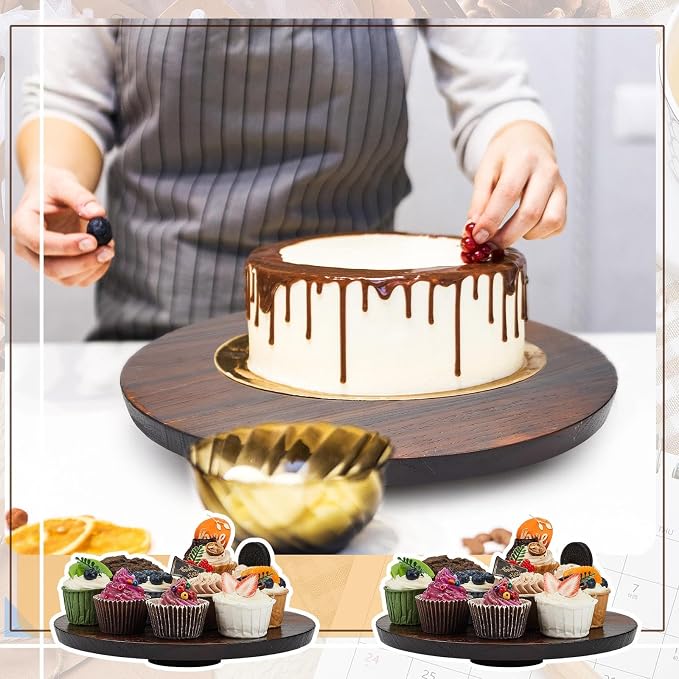 Jinei 4 Sets Wood Cake Stand Rustic 12 Inch Rotating Cake Stand Food Round Risers Turntable for Party Cake Base Wood for Display Parties Weddings Restaurants Decorating Supplies