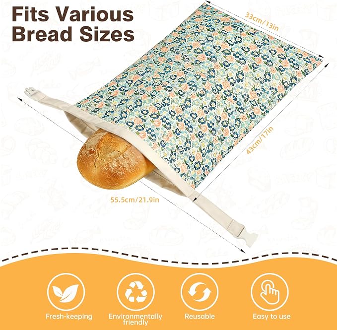 2 Pack Beeswax Bread Bags for Sourdough Homemade Bread, XL Reusable Bread Storage Bag, Organic Waxed Line and Linen Fabric Bread Bag for Home Bakers, Picnics Work or Gift-Giving