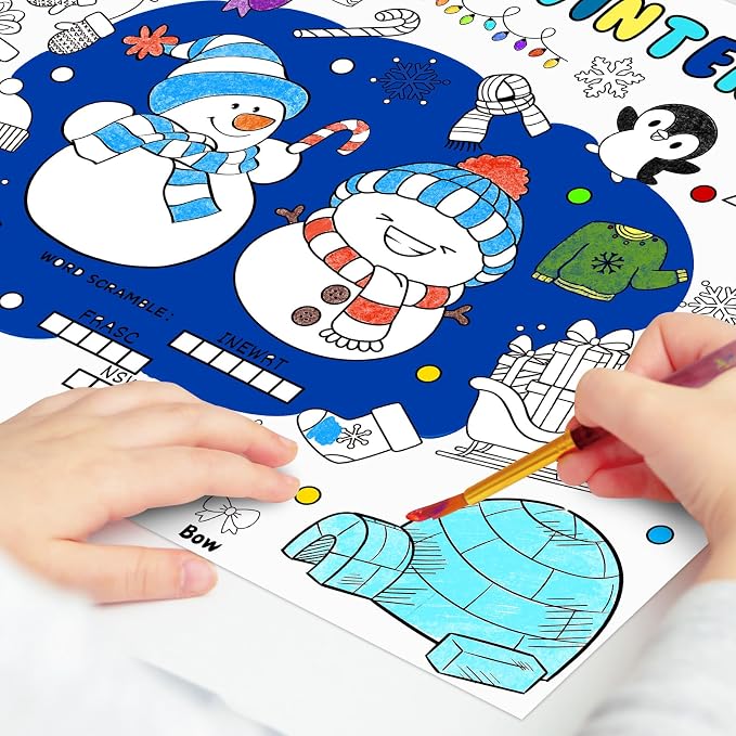 45pcs Winter Coloring Placemats for Kids Disposable Coloring Poster Hello Winter Gifts School Classroom Activities Chirstmas Paper Table Mats
