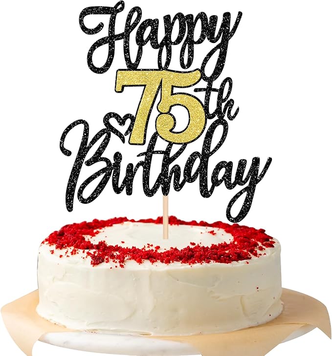 1 PCS Happy 75th Birthday Cake Topper Black Gold Glitter Cheers to 75 Years Birthday Cake Pick 75 Fabulous Cake Decoration for Happy 75th Birthday Anniversary Party Decorations Supplies