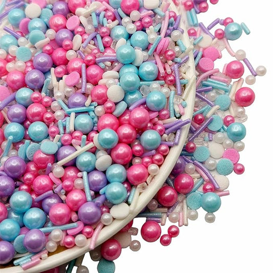 SE Si&Moos Pastel Sprinkles 3 OZ Pink Purple Blue and White Edible Pearls for Cake Decorating Edible Pearls and Sequins Sprinkles Mix for Baby Shower Wedding Halloween Christmas Cookie Decorations