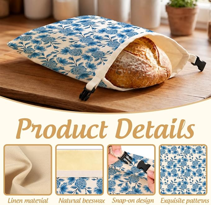 2 Pack Beeswax Bread Bag for Sourdough Homemade Bread, Blue Floral Decor Bags, Reusable Linen, Natural Beeswax Bread Storage Bag, Food Storage Cloth Bag with Buckle 13 * 17IN