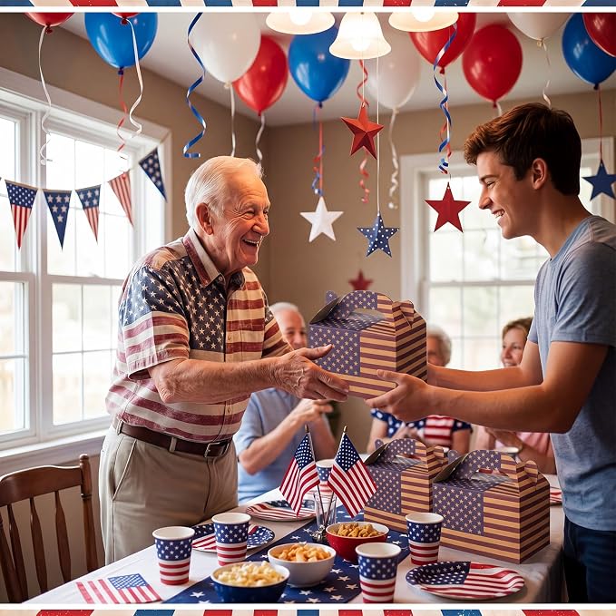 Colarr 24 Pcs 4th of July Treat Boxes Patriotic American Flag Prints Goodie Boxes with Handles 250th Anniversary Kraft Paper Cookie Box Candy Party Favor Box for Independence Day Celebration