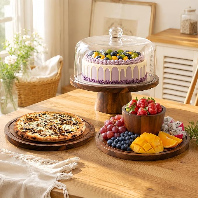 Acacia Wood Cake Stand with Lid - 12 Inch Magnetic Detachable Cake Stand with Dome, Shatterproof Acrylic Cover, Versatile Cake Holder & Charcuterie Board for Parties, Dessert Table Display