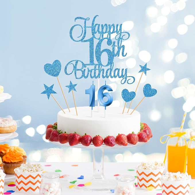 16th Birthday Cake Decorations, 16th Birthday Candles Cake Numeral Candles and Glitter Happy 16th Birthday Cake Toppers Set for Birthday Party Supplies (Blue)