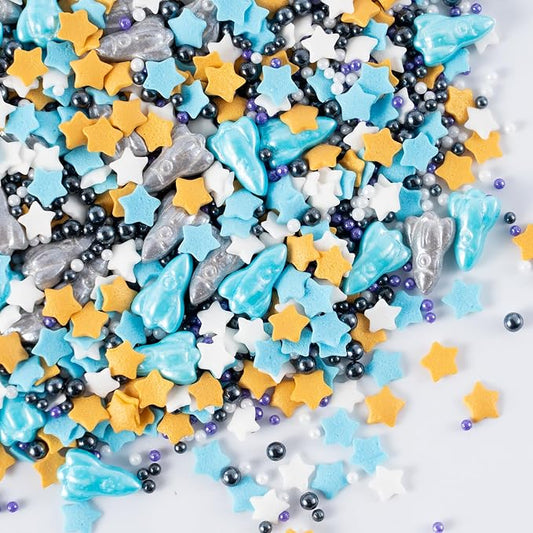 Space Theme Sprinkles Edible Blue Sliver Rocket Stars Sprinkles Galaxy Spacecraft Pearls Sugar Candy for Cookie Decorations Baking Cake Cupcake Topper Decoration 4.2 Ounce