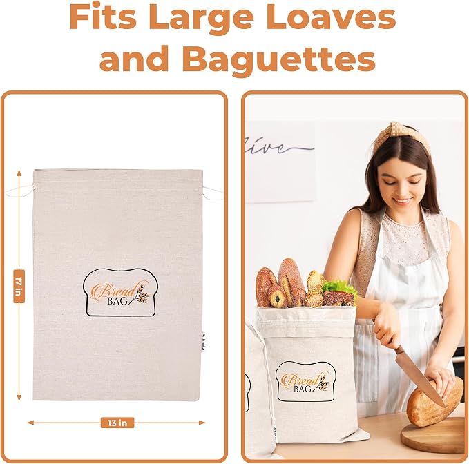 2 Linen Reusable Bread Bags for Homemade & Sourdough Breads with Plastic Liner and Drawstring, Reusable Food Storage 17" x 13" XL