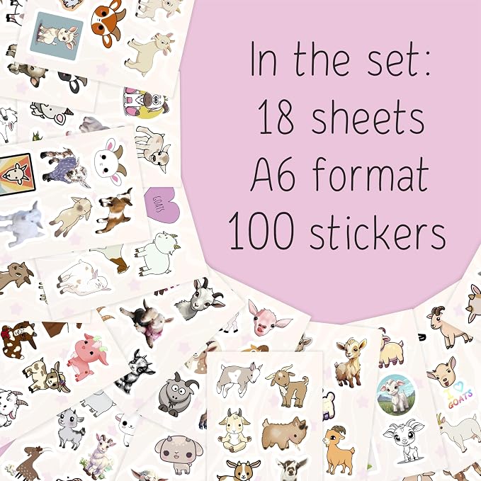 100Pcs Cute Goat Stickers for Water Bottle and Laptop - Goat Party Supplies & Decorations, Farm Animal Stickers, Waterproof Vinyl Decals, Gifts for Women & Men