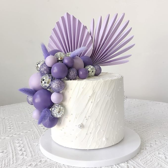 38 PCS Balls Cake Toppers Palm Leaves Cake Decorations for Birthday Wedding Baby Shower Party Supplies (Purple)