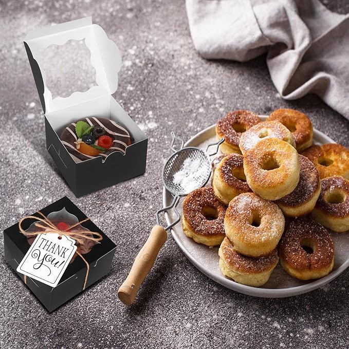 KPOSIYA 120 Pcs Black Bakery Boxes with Window Individual Cupcake Boxes 4x4x2.5 Inches Cookie Boxes Kraft Paper Black Gift Box for Pastries, Cookies, Pie, Donuts, Macaroon