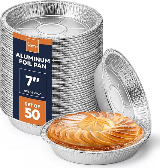 The Name 7" Round 50 Pack Aluminum Foil Pans Disposable Pie Tins, Mini Pans, Tart Baking Trays, Oven/Freezer Safe, Perfect for Apple Pie, Pumpkin Pie, Quiche, Pot Pie, Cobbler, Catering & Food Service