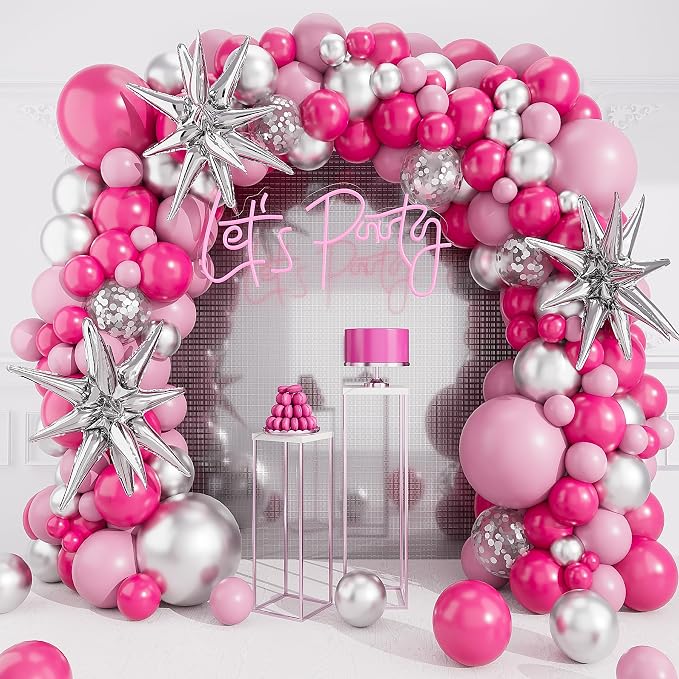 Hot Pink Silver Balloons Arch Garland Kit-Macaron Pink Balloon Silver Explosion Star Foil 127Pcs for Baby Princess Birthday,Baby Shower,Anniversary,Wedding,Graduation Party Decorations.