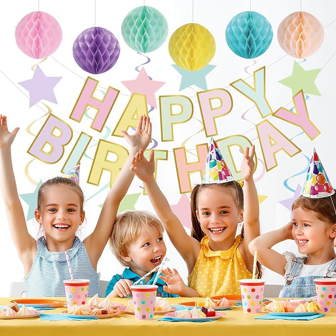 Pasimy Pastel Macaron Happy Birthday Decorations Kit Including Rainbow Happy Birthday Banner Rainbow Hanging Swirls Streamers Cutouts Colorful Honeycomb Balls Circle Dots Confetti Garland Supplies