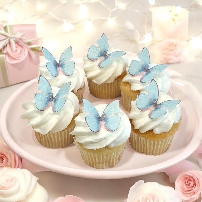 Edible Butterflies with Edible Glitter Kit - Wafer Paper Butterflies for Cakes - Cake Decorations - Cupcake Decorations - Cake Toppers (Dream Blue)