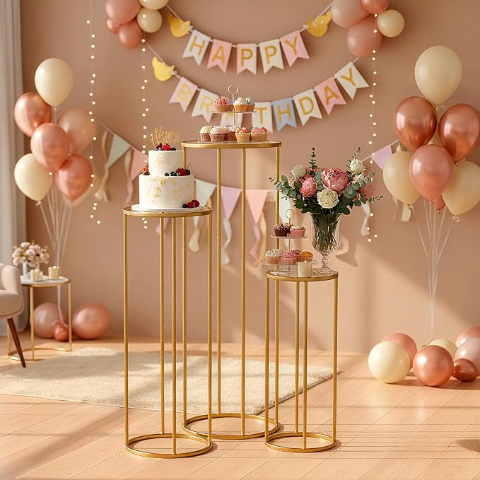 Urban Deco 3Pcs Cylinder Stands for Party, Round Pedestal Stand for Parties with Removable Acrylic Tops, Gold Metal Cake Stands, Cilindros para Fiestas for Birthday Party Wedding Baby Shower Decor