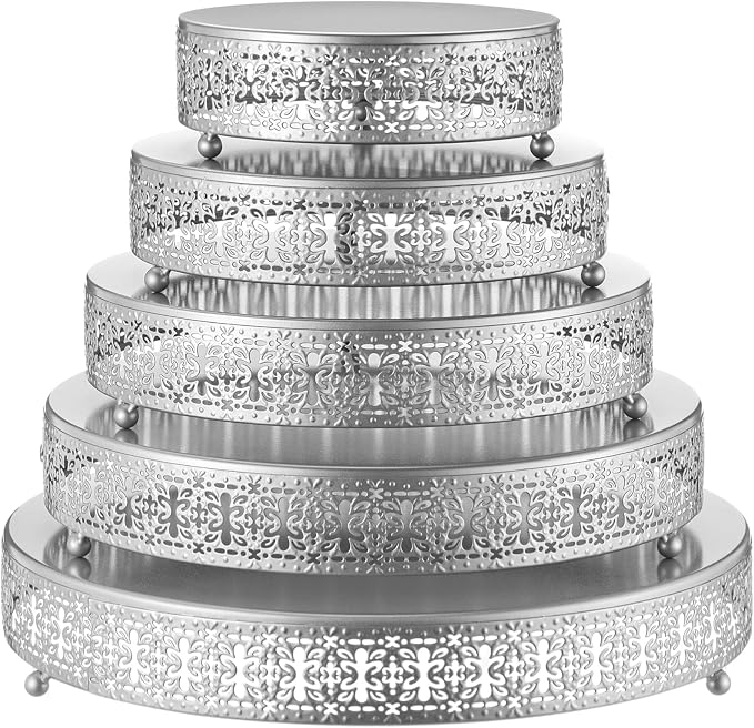 Wenqik 5 Pcs Metal Silver Cake Stand 16/14/12/10/8 Inch Round Cake Holder Display for Dessert Table Cookies Fruit Serving Tray Cupcake Pastry Riser for Wedding Birthday Party and Events
