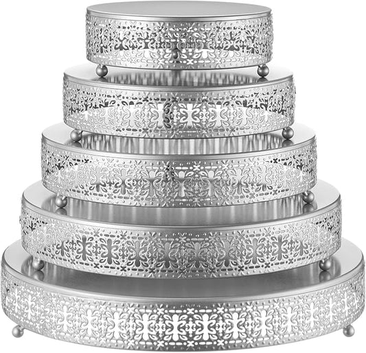 Wenqik 5 Pcs Metal Silver Cake Stand 16/14/12/10/8 Inch Round Cake Holder Display for Dessert Table Cookies Fruit Serving Tray Cupcake Pastry Riser for Wedding Birthday Party and Events