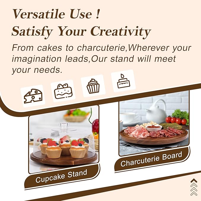 Bellsal Cake Stand with Dome Lid, 12in Acacia Wood Cake Plate with Cover, Wooden Cake Display Stand with Acrylic Dome, Cake Decorating for Baking Gift