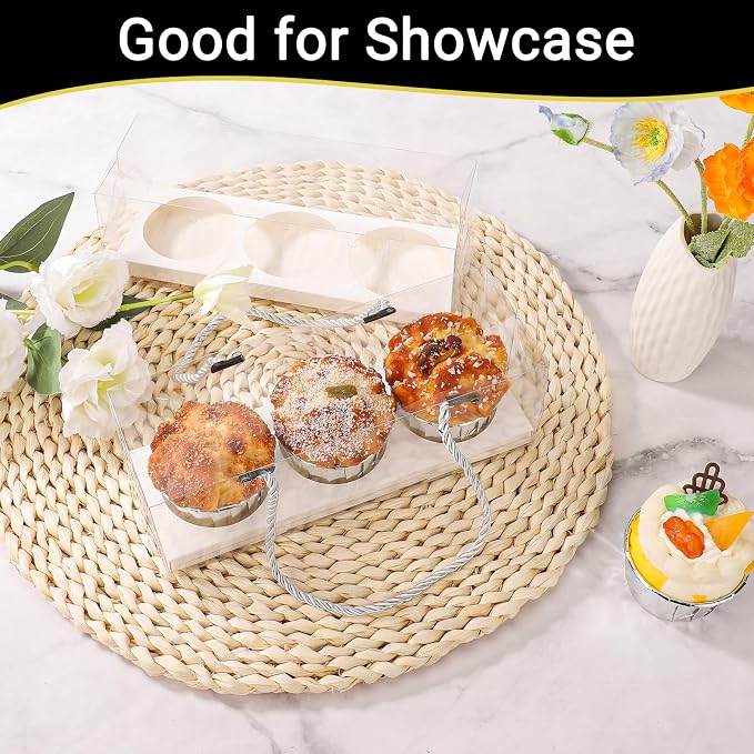EUSOAR Clear Cupcake Boxes, 20 Pcs 9"x3"x3" White Muffins Storage 3 Compartments Pastry Holder with Gift Rope Handle, Rectangular Portable Dessert Cookies Wrappers for Birthday Wedding Party Bakery
