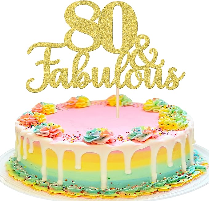 1 PCS 80 & Fabulous Cake Topper Gold Glitter 80th Birthday Anniversary Cake Pick Decoration for 80th Birthday Wedding Anniversary Party Decorations Happy 80th Birthday Cake Decorations Supplies