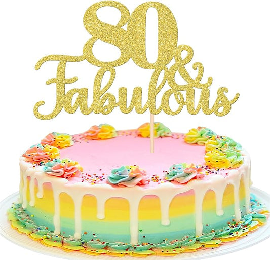 1 PCS 80 & Fabulous Cake Topper Gold Glitter 80th Birthday Anniversary Cake Pick Decoration for 80th Birthday Wedding Anniversary Party Decorations Happy 80th Birthday Cake Decorations Supplies