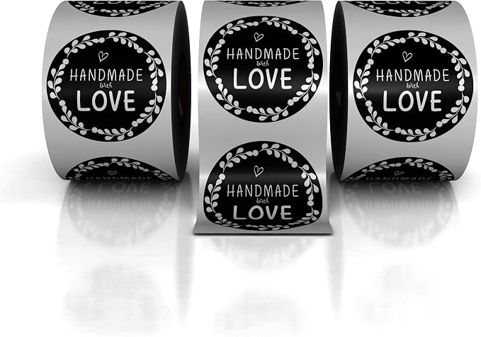 Kenco 1.5" Inch Handmade with Love Stickers, Made in The USA! for Envelopes, Boxes, Packaging and More - 500 Labels Per Roll (2 Pack 1,000 Stickers, Black TIE)