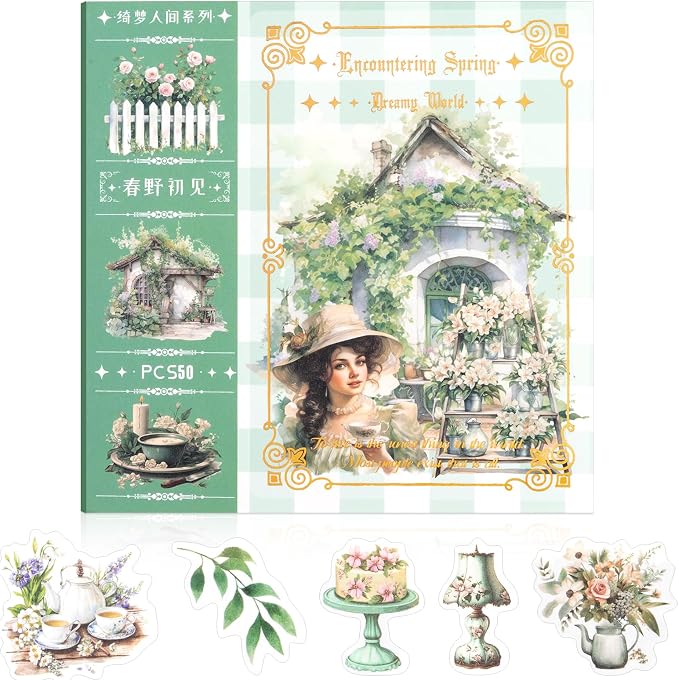 Haruno Theme Sticker Scrapbooking Supplies for Junk Journal, 50 Sheets Washi Stickers - Vintage Journaling Stickers